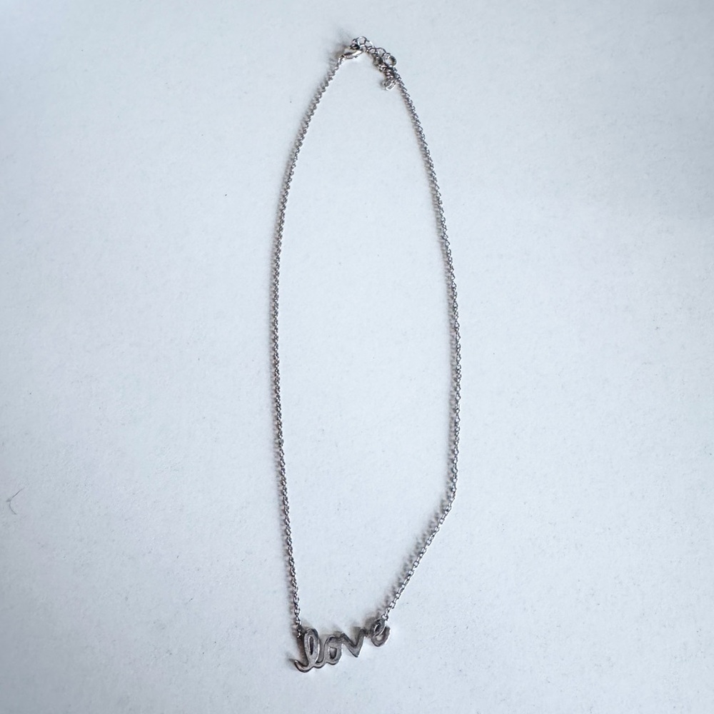 silver necklace, “love”, adjustable length chain